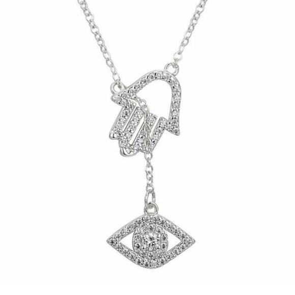 Unwritten Fine Silver Plated Crystal Hamsa Evil Eye Slider Pendant Necklace NWT - Picture 1 of 6